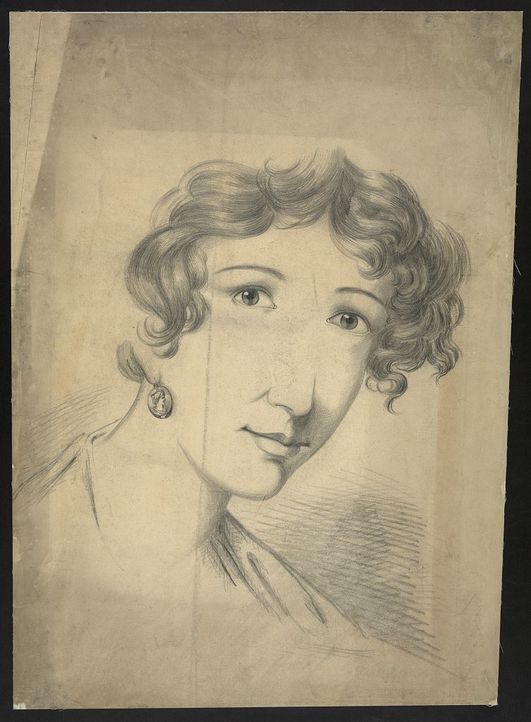 A pencil sketch bust portrait of a woman looking at the viewer with an earring.