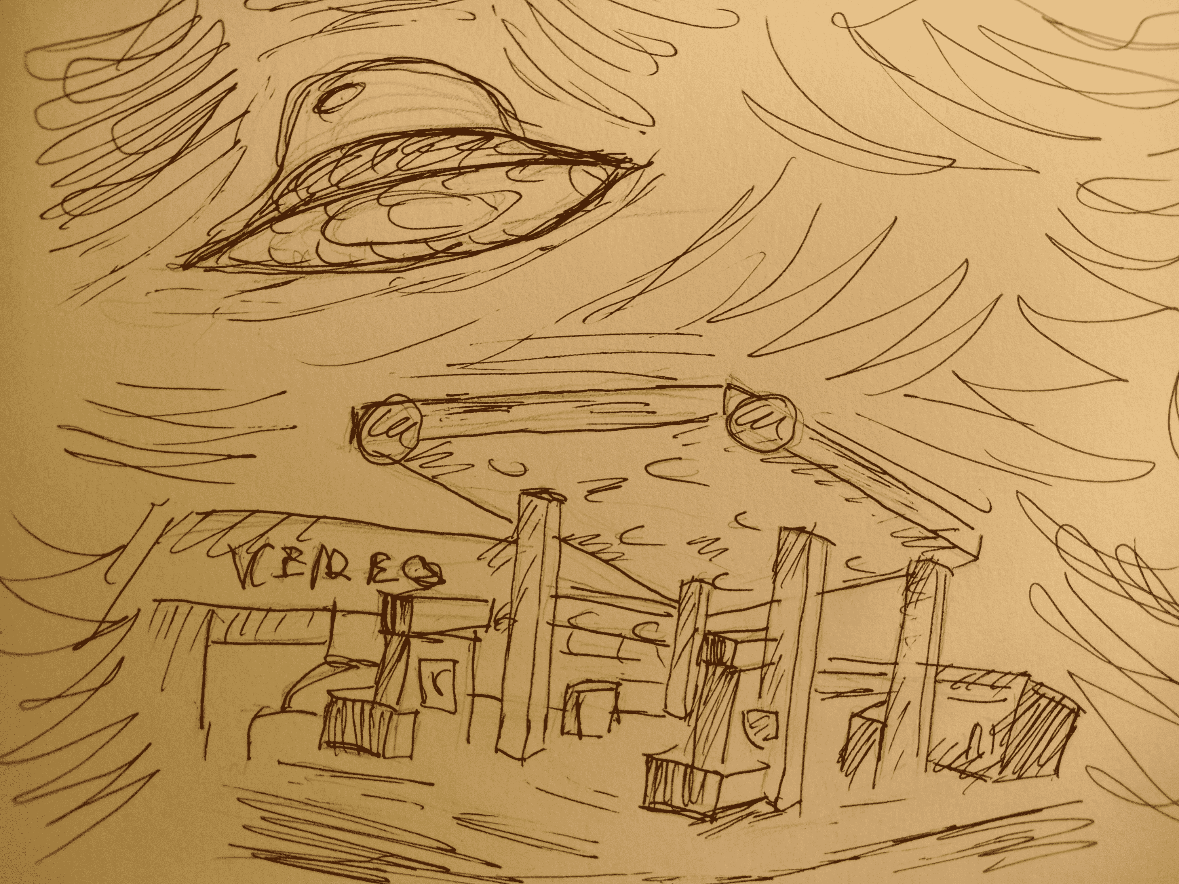 A black ink pen sketch of a gas station and a UFO flying above it.