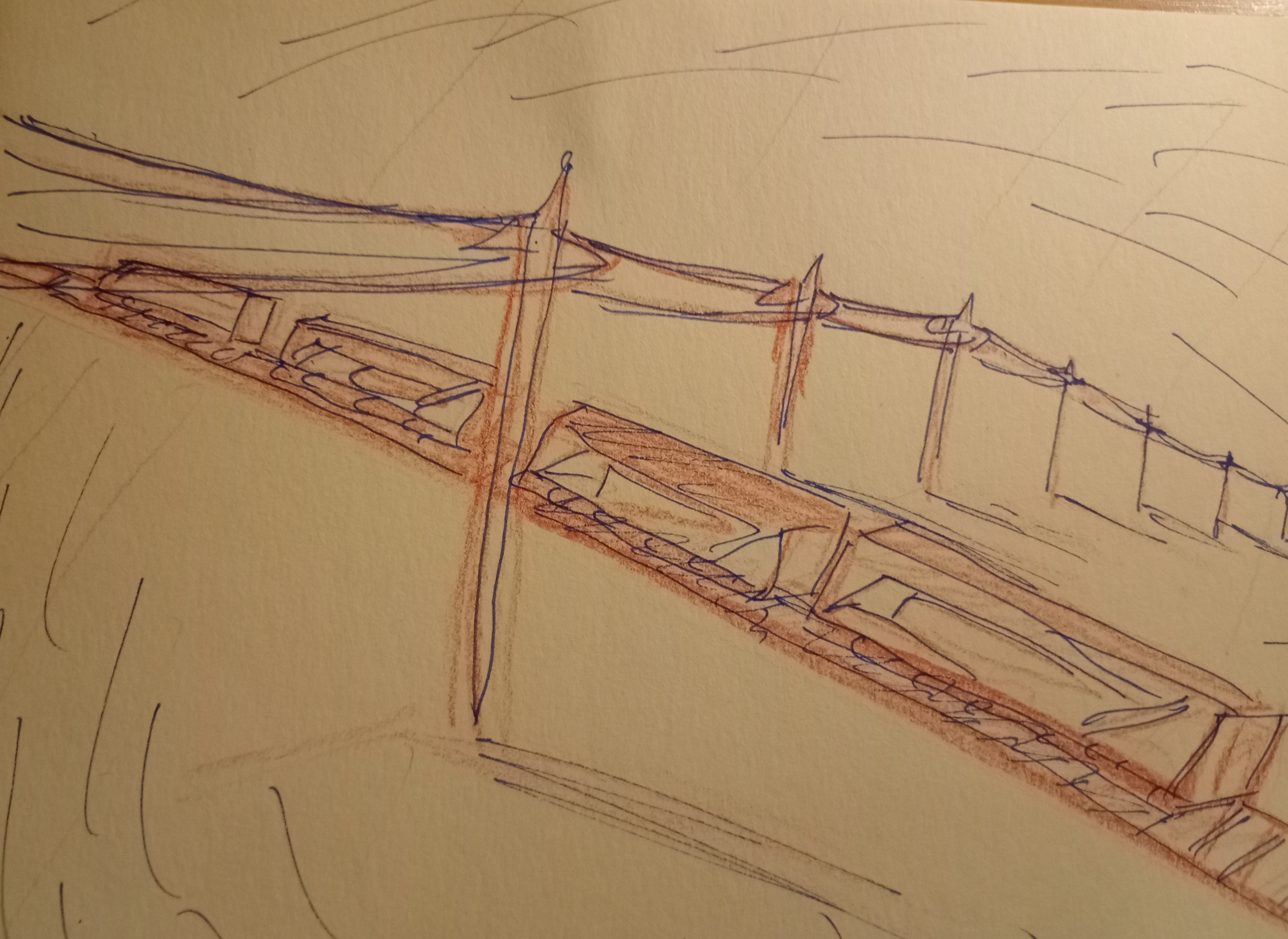 A sketch of a train and utility poles.